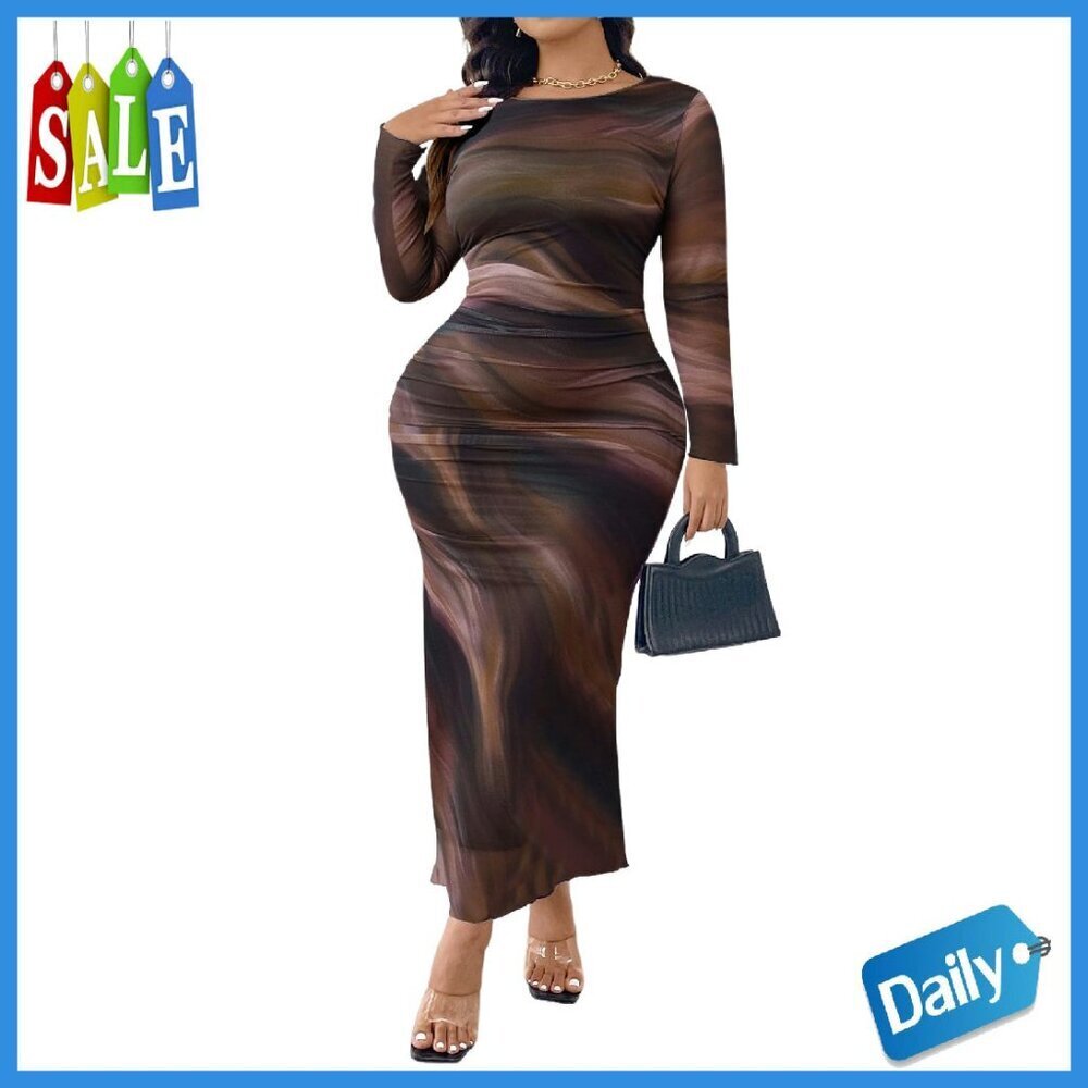 Plus Size Tie Dye Ruched Bodycon Maxi Dress Long Sleeve Mesh